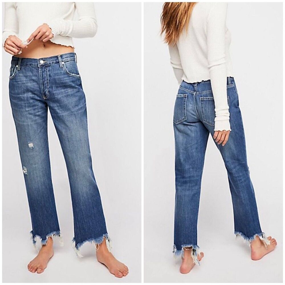 Free People Maggie Blue Mid Rise Raw Hem Straight Leg Jeans Women 27 4